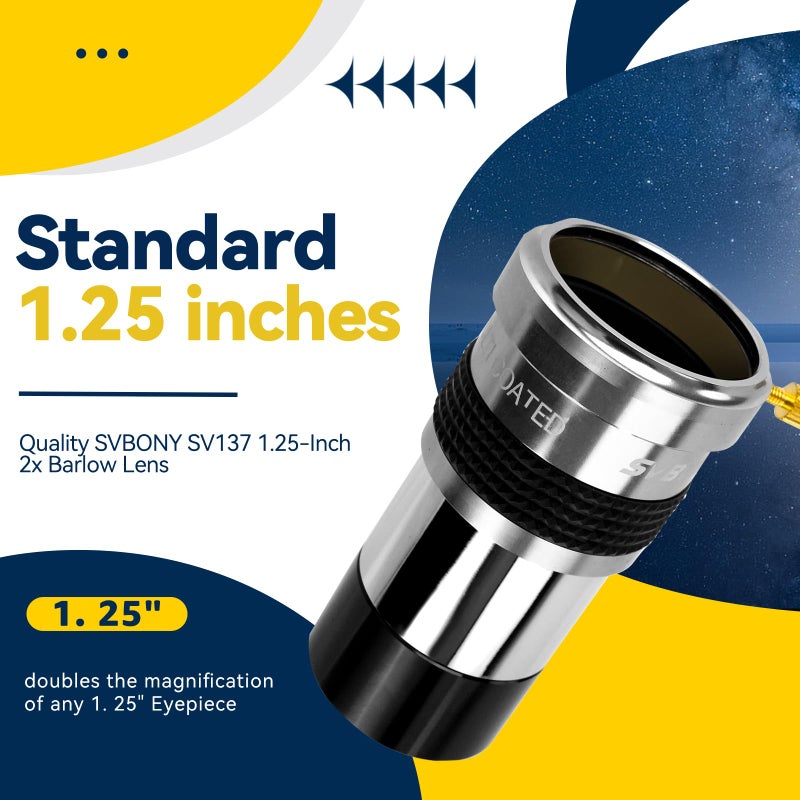 SVBONY SV137 Barlow Lens 2X, 1.25 Inches, Telescope 2X Barlow Lens Fully Multi Coated with Metal Body, Telescope Accessories for Eyepiece and Camera, for Astronomical Observation and Photography - Image 2